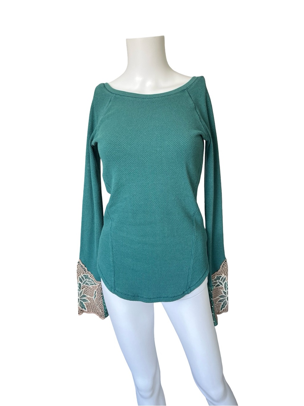 Free People Bali Babe Cuff Thermal Top Long Sleeve Lace Green Womens